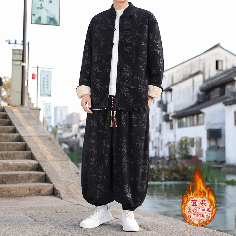 唐装棉袄男冬季加绒加厚套装中国风灯芯绒提花棉衣中式羊羔绒外套