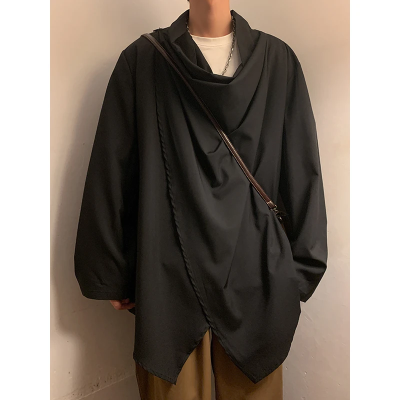 新中式男装绸缎垂感宽松复古披风改良汉服外套暗黑堆堆领长袖T恤