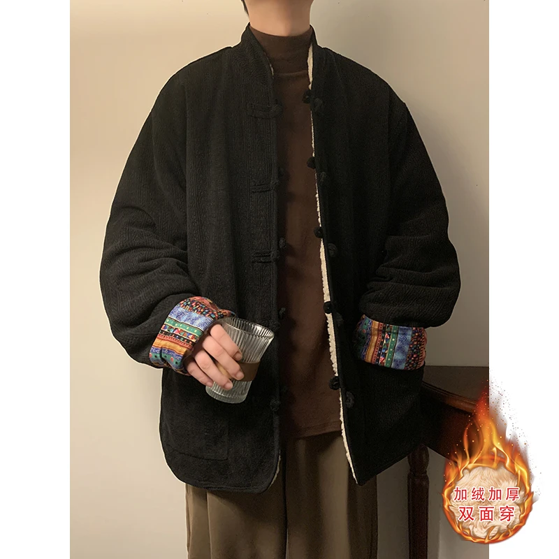 民族风印花灯芯绒棉衣男冬季中国风唐装棉服外套两面穿羊羔毛棉袄
