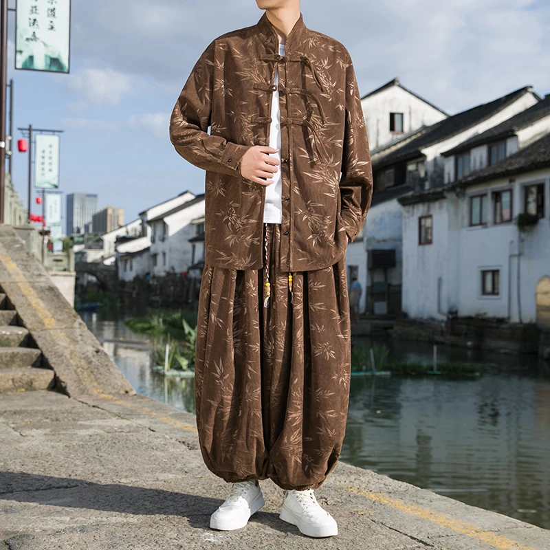 中国风男装灯芯绒汉服套装男潮牌青年中山装中式国风提花唐装茶服