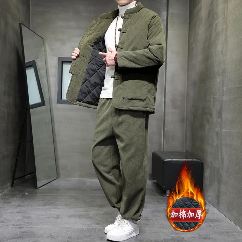 冬季中国风棉袄唐装套装男士立领盘扣棉服加厚保暖大码居士服棉衣
