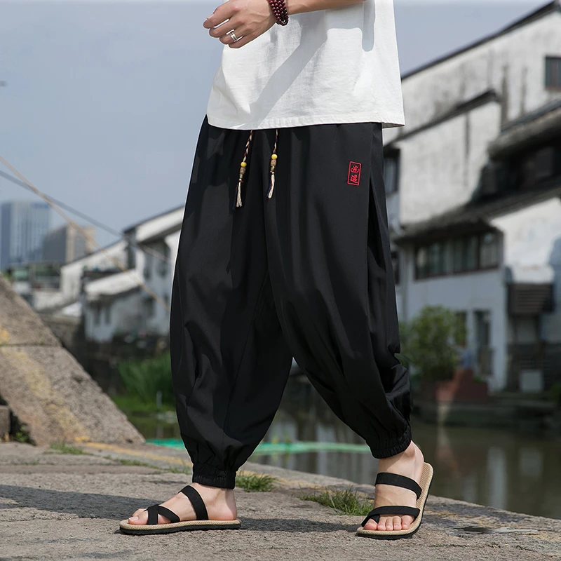 冰丝运动裤男款夏季宽松束脚九分裤中国风刺绣高级垂感阔腿哈伦裤