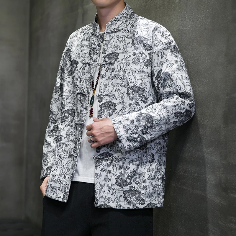 中国风满印提花立领夹克男春秋季新中式改良唐装大码潮牌盘扣外套