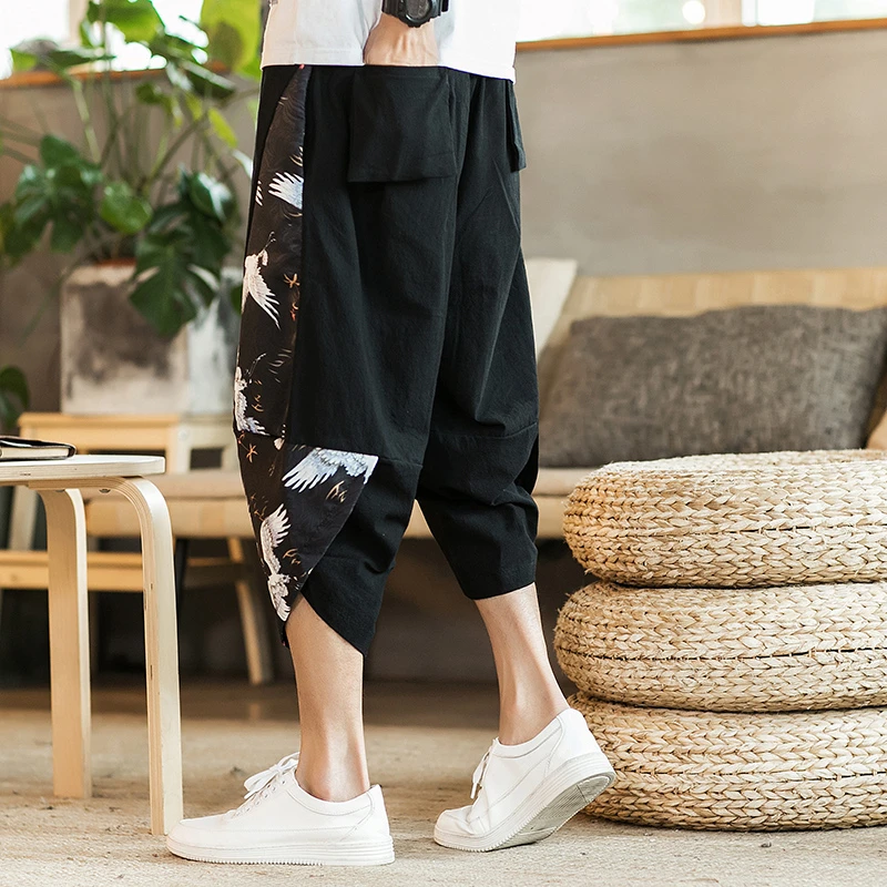 中国风棉麻男裤子仙鹤印花阔腿七分裤夏季薄款宽松沙滩短裤灯笼裤