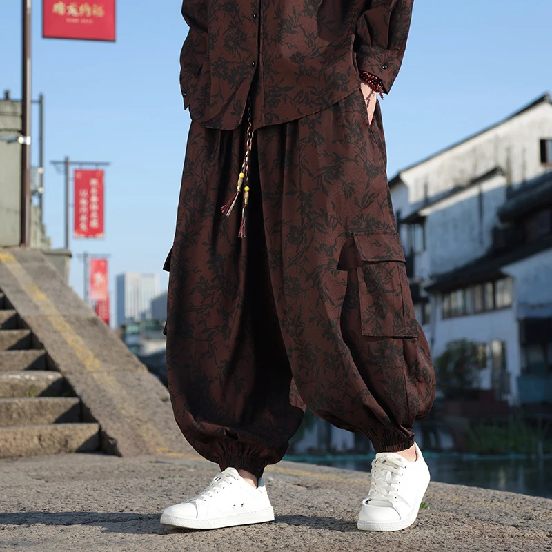 新中式男裤子宽松垂感阔腿工装裤春季中国风暗纹提花胖子哈伦裤潮