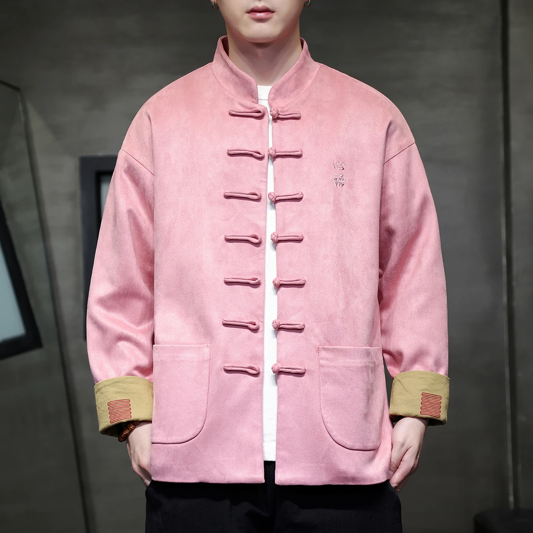 春季中国风刺绣麂皮绒唐装男潮牌复古风盘扣立领夹克中式茶服外套