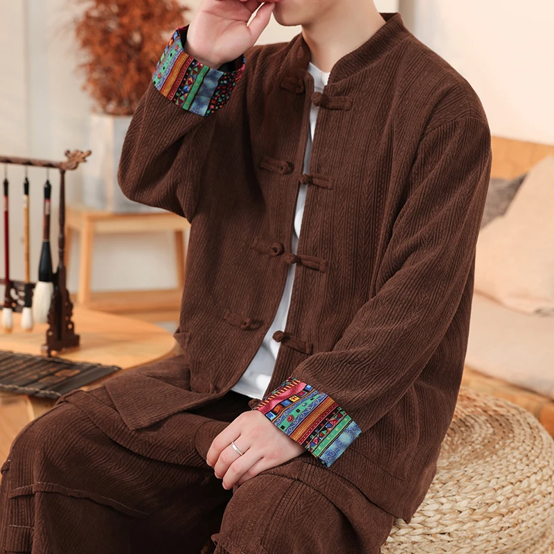 中国风盘扣中山装男秋冬季新中式灯芯绒夹克复古潮牌藏式印花外套