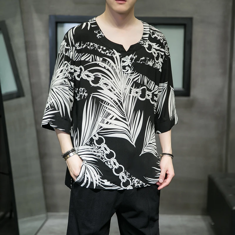 中国风男装印花冰丝短袖t恤夏季薄款宽松垂感汉服男士V领五分半袖