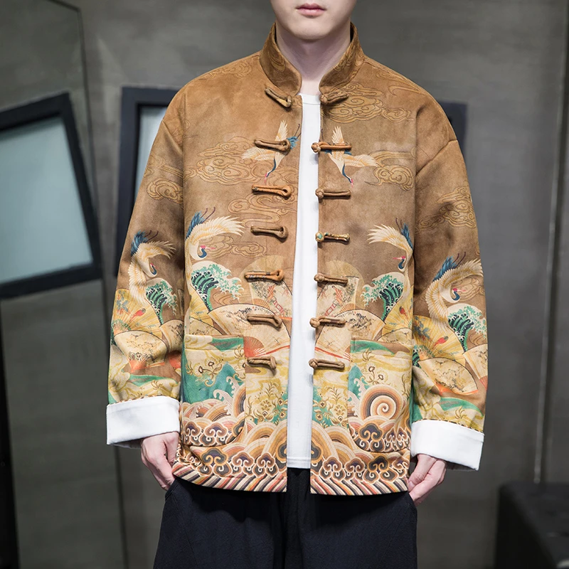 中国风男装新中式唐装夹克复古印花汉服秋冬款麂皮绒潮牌盘扣外套