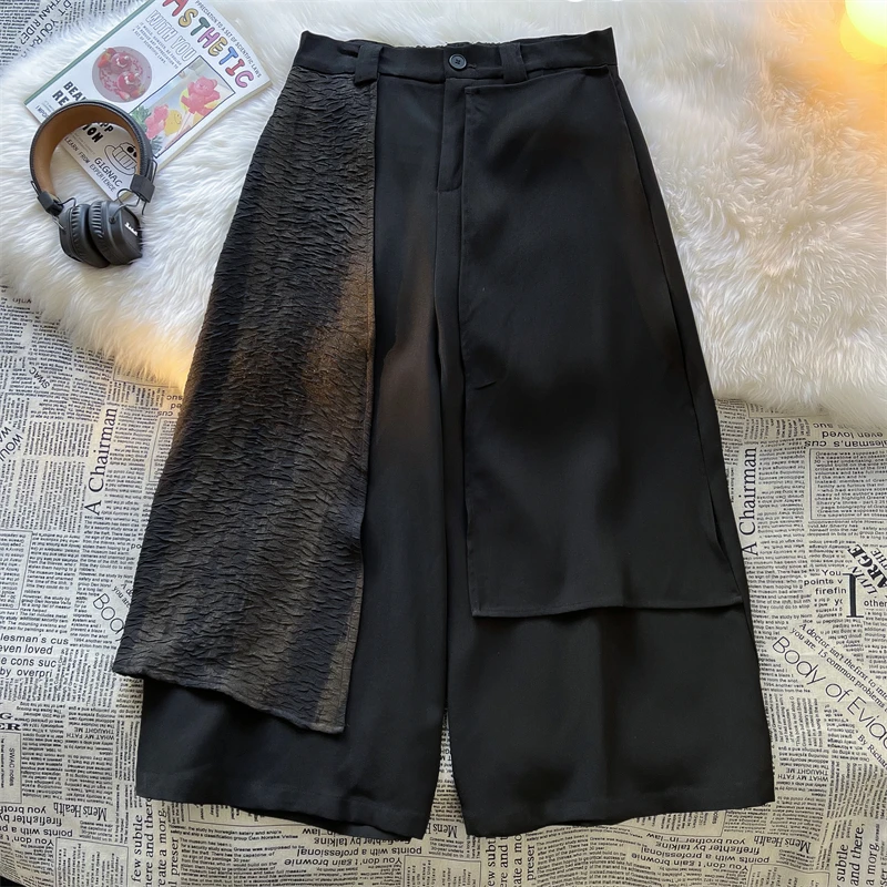 山本耀司黑武士裙裤男士拼接黑色西裤新中式国风提花假两件阔腿裤