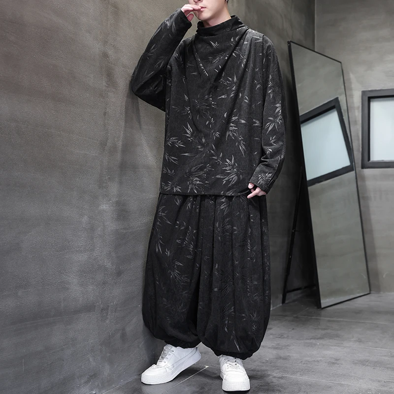 中国风男装半高领长袖T恤套装男新中式提花不规则设计感居士服潮