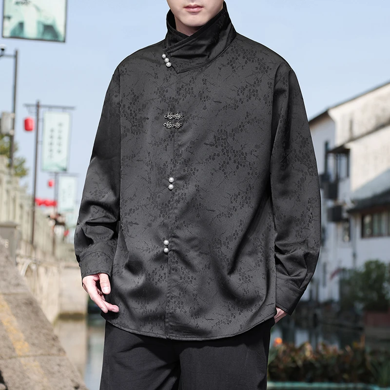 高级感暗纹缎面黑色长袖衬衫男秋季新中式提花唐装金属扣痞帅衬衣