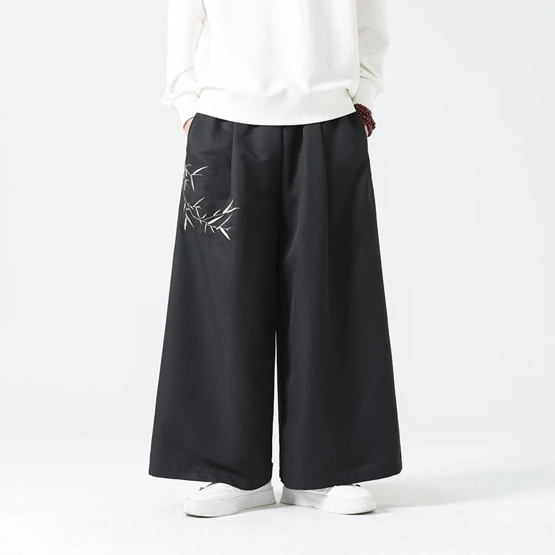 中国风竹叶刺绣高级感阔腿裤男新中式汉服裙裤宽松垂感直筒休闲裤