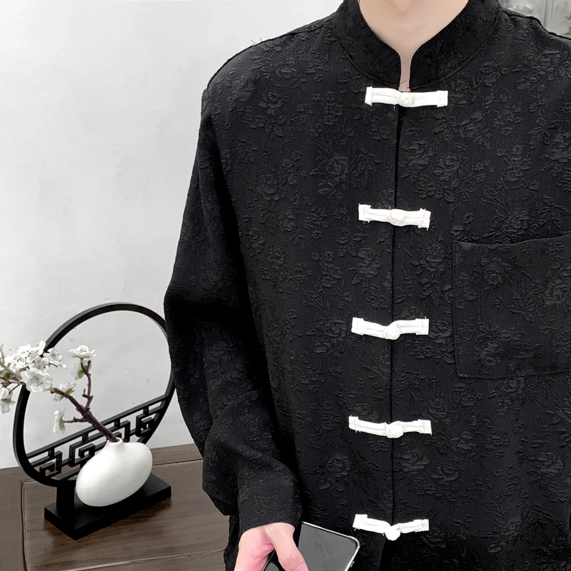 青年中山装外套男秋季中国风提花高级感立领盘扣唐装潮牌长袖衬衫