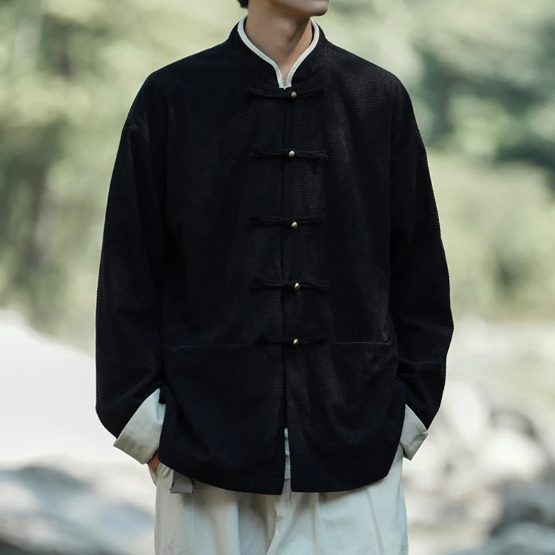 青年茶服外套男春秋新中式国风棉麻夹克高级感铜扣大码立领中山装