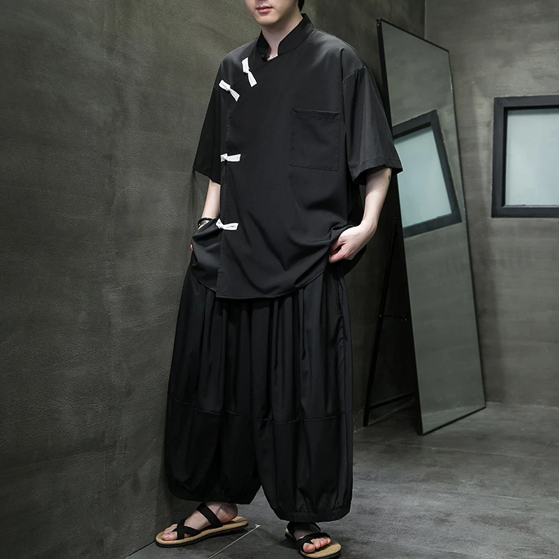 古风改良汉服冰丝套装男夏季中国风斜襟唐装大码新中式青年居士服