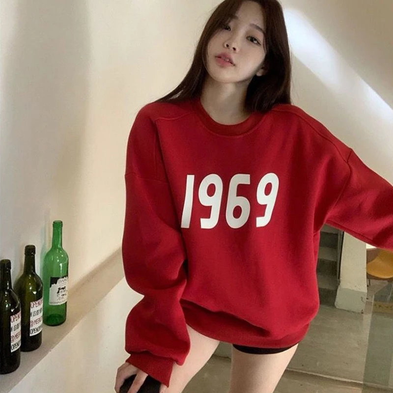 美式1969红色卫衣女加绒加厚2023春秋新款欧货慵懒风中长款上衣冬