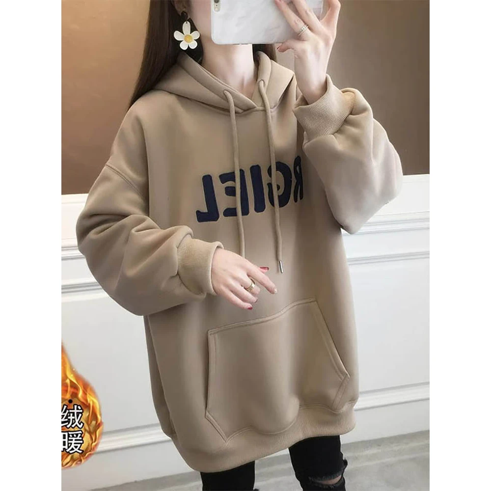 冬季中长款加绒加厚连帽卫衣女秋冬新款2023爆款时尚洋气女士上衣
