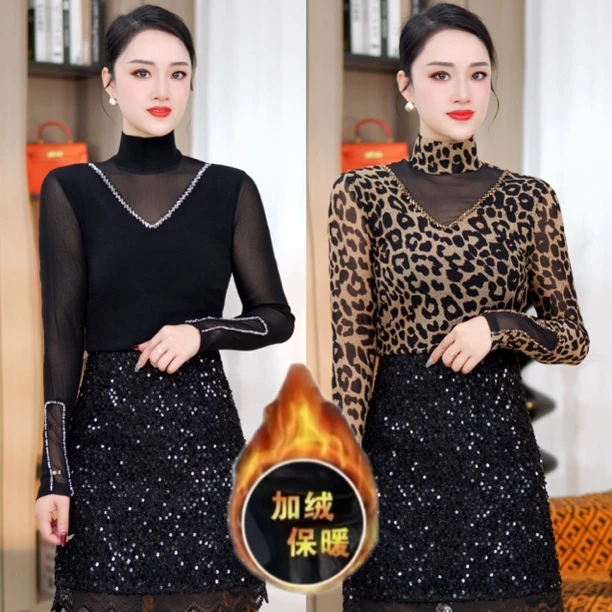 秋冬新款时尚气质百搭减龄半高领V字手工钻豹纹长袖打底衫T恤