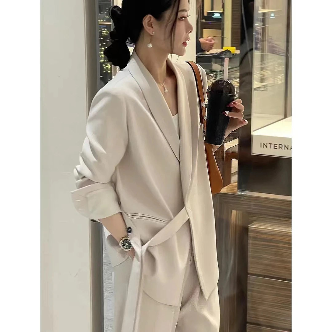 设计感绑带西装外套阔腿裤两件套女春秋新款高级感宽松休闲套装