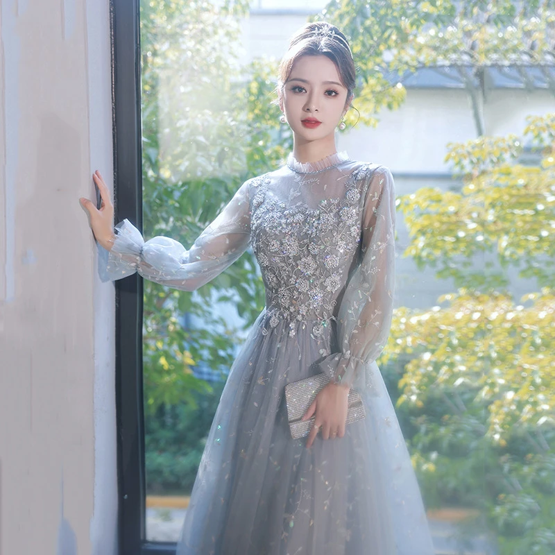 灰色晚礼服女2024新款宴会仙气质艺考礼服裙长袖生日派对年会礼服