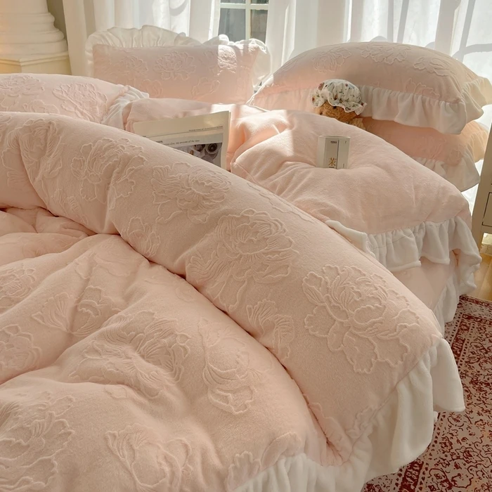 新款双面加绒韩版花边牡丹高克重牛奶绒床品四件套床单被套套装
