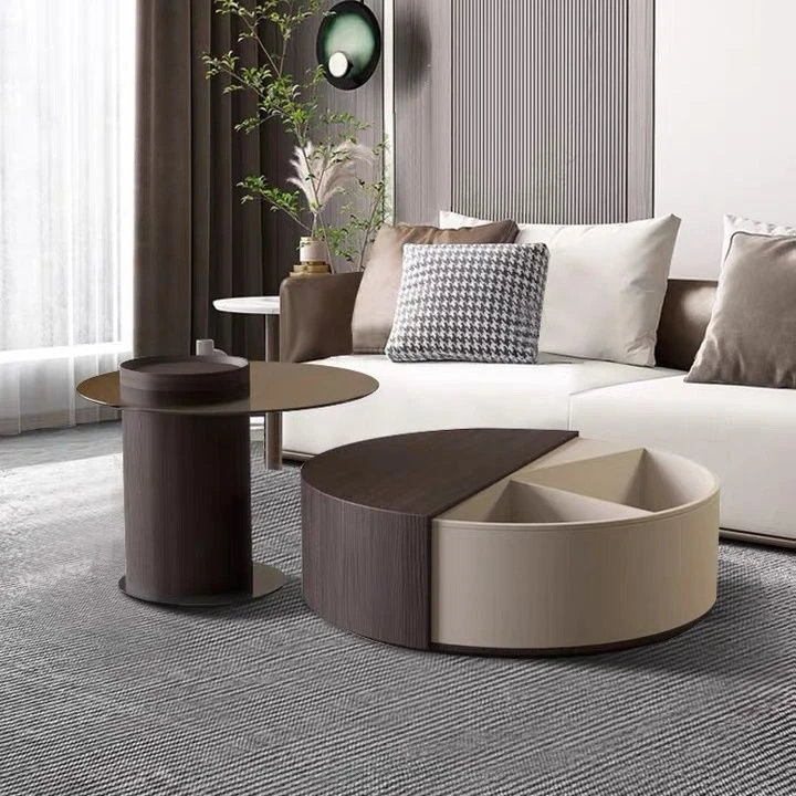 意式极简旋转实木钢化玻璃圆茶几组合简约家用小户型客厅轻奢边几