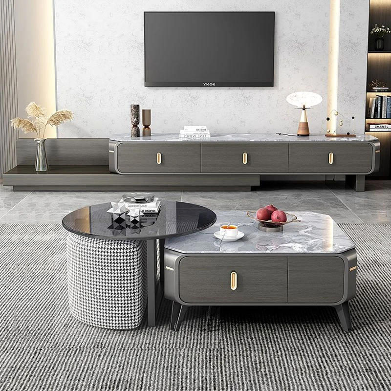 岩板方形椭圆形电视柜茶几组合现代简约小户型轻奢意式伸缩落地柜