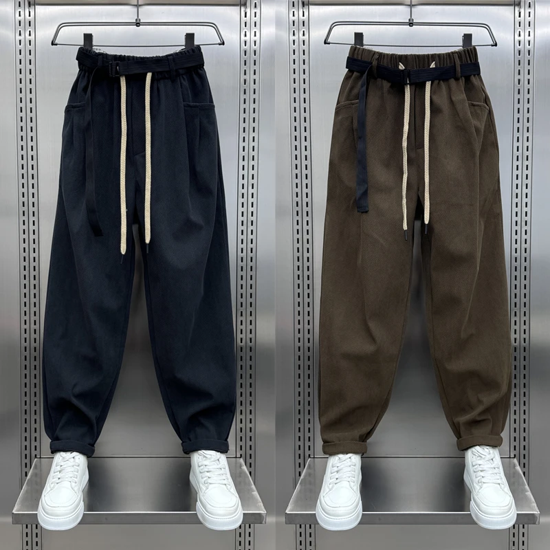 日系潮流结构条绒宽松百搭休闲裤男士秋冬新款青年痞帅重磅哈伦裤