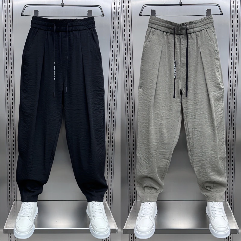 2025春夏百搭麻棉休闲裤男士纯色宽松潮流透气直筒垂感褶皱哈伦裤