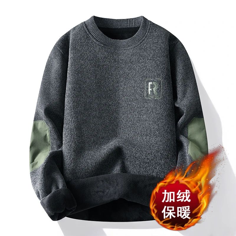 圆领毛衣男冬季加绒加厚保暖上衣2024新款宽松休闲潮流刺绣针织衫