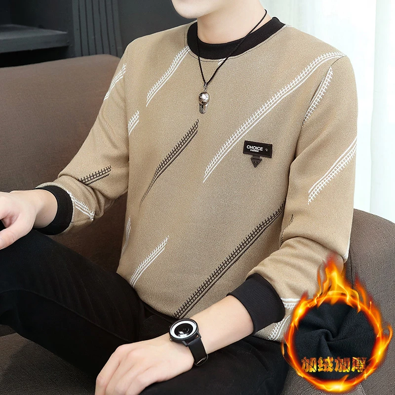 2024秋冬款男士毛衣圆领一体绒内搭针织毛线衣加绒加厚保暖打底衫