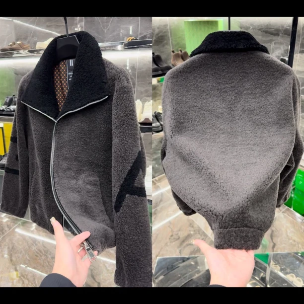 冬季男士立领黑灰拼色宽松颗粒羊毛外套029