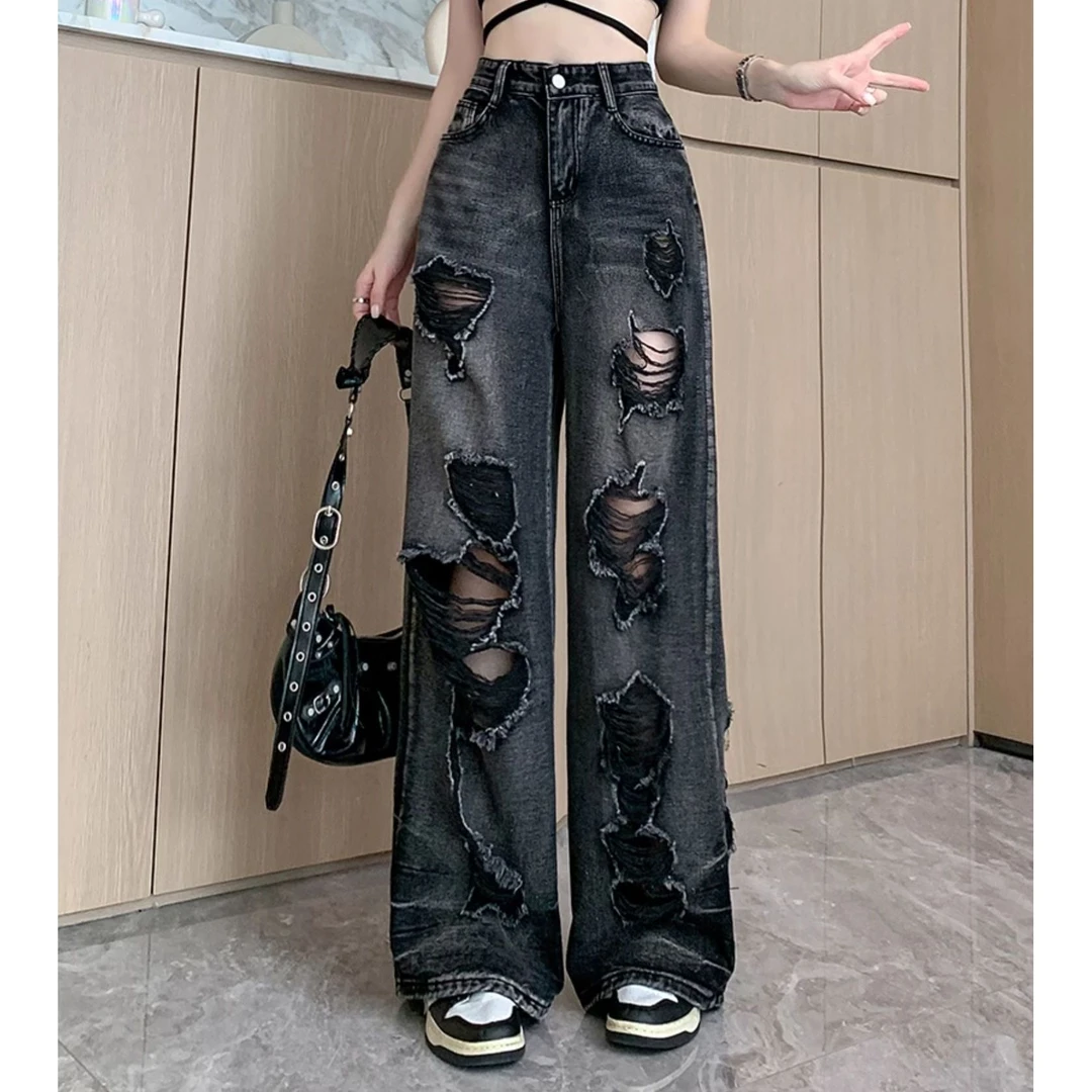 2025年垂感牛仔裤男裤子春秋薄款新款宽松破洞乞丐高腰直筒阔腿裤