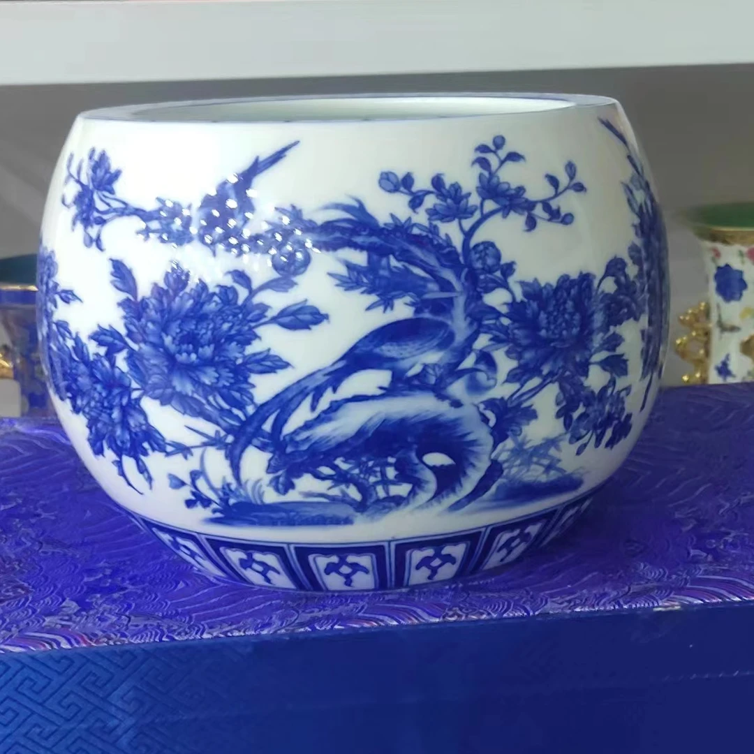 鸿轩景德镇陶瓷摆件办公桌客厅鱼缸新中式装饰青花花鸟聚宝盆
