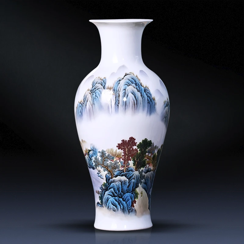 鸿轩景德镇陶瓷山水花瓶中式客厅插花家居电视柜摆件桃源逸居鱼尾