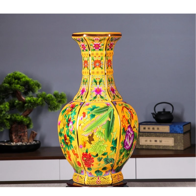 鸿轩景德镇陶瓷客厅玄关家居摆件掐丝珐琅彩帝王黄六方器