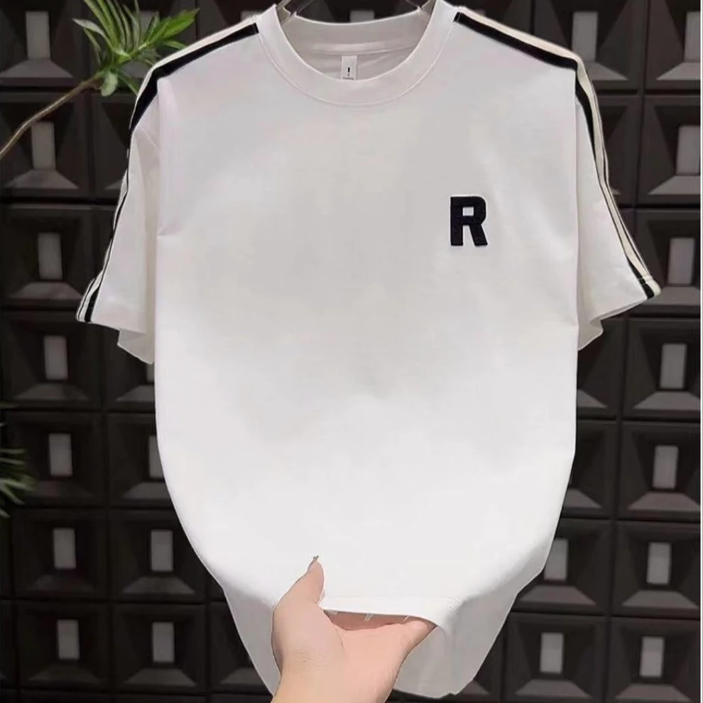 夏季潮流新款高品质重磅织带条杠刺绣R字母百搭宽松半袖男士T恤