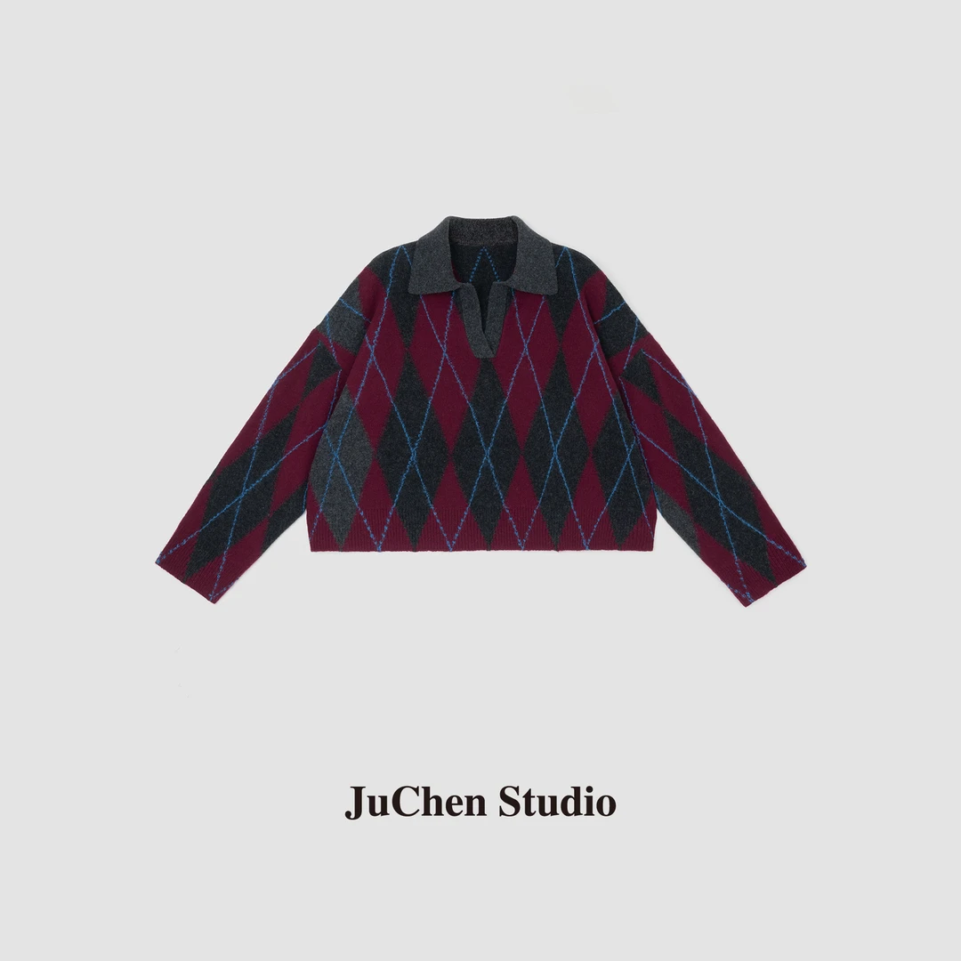 美式穿搭 羊毛复古菱格针织POLO衫秋季新款套头毛衣FW24086-24