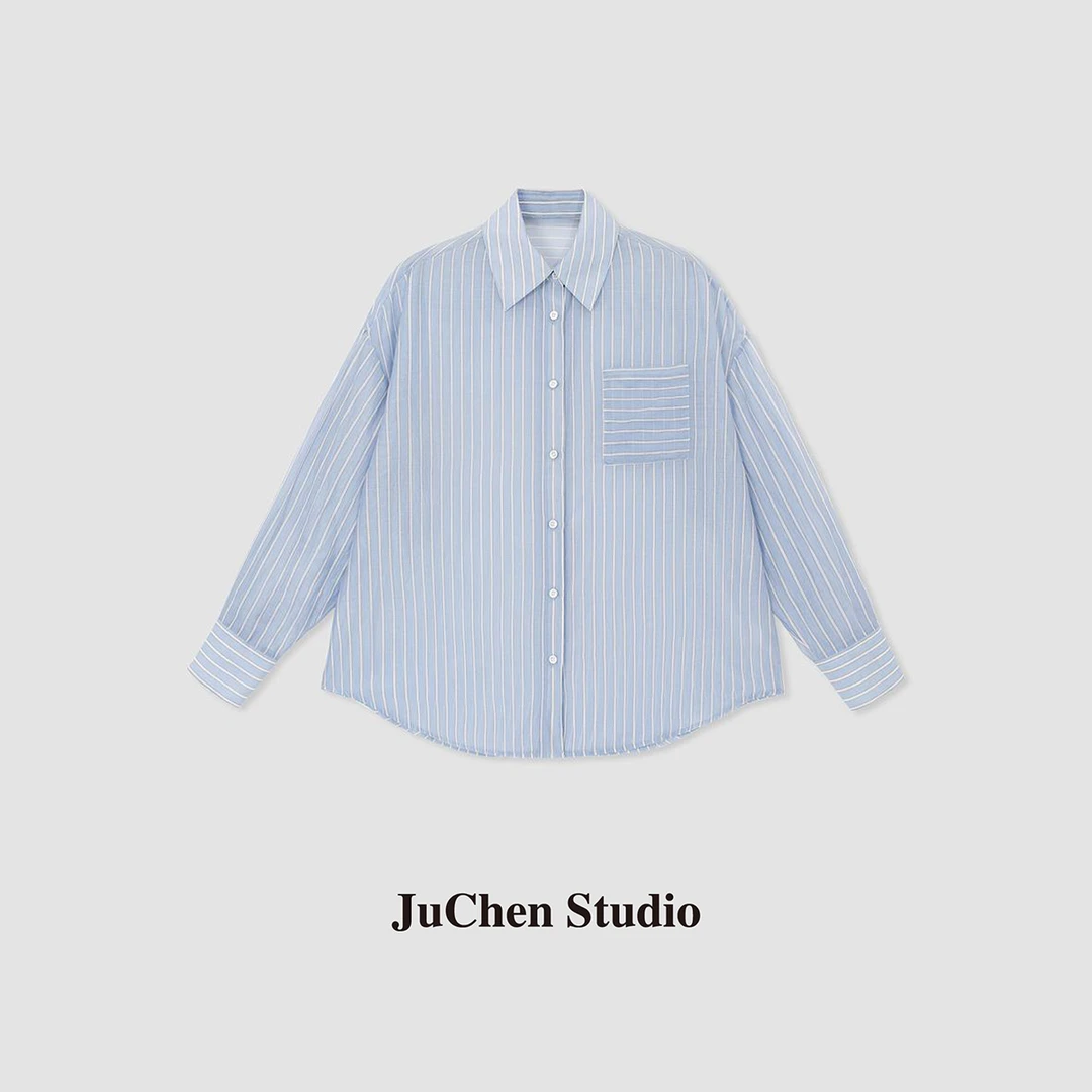 “蓝白物语”桑蚕丝竖条纹轻薄防晒空调房通勤衬衫SS022041欧若风