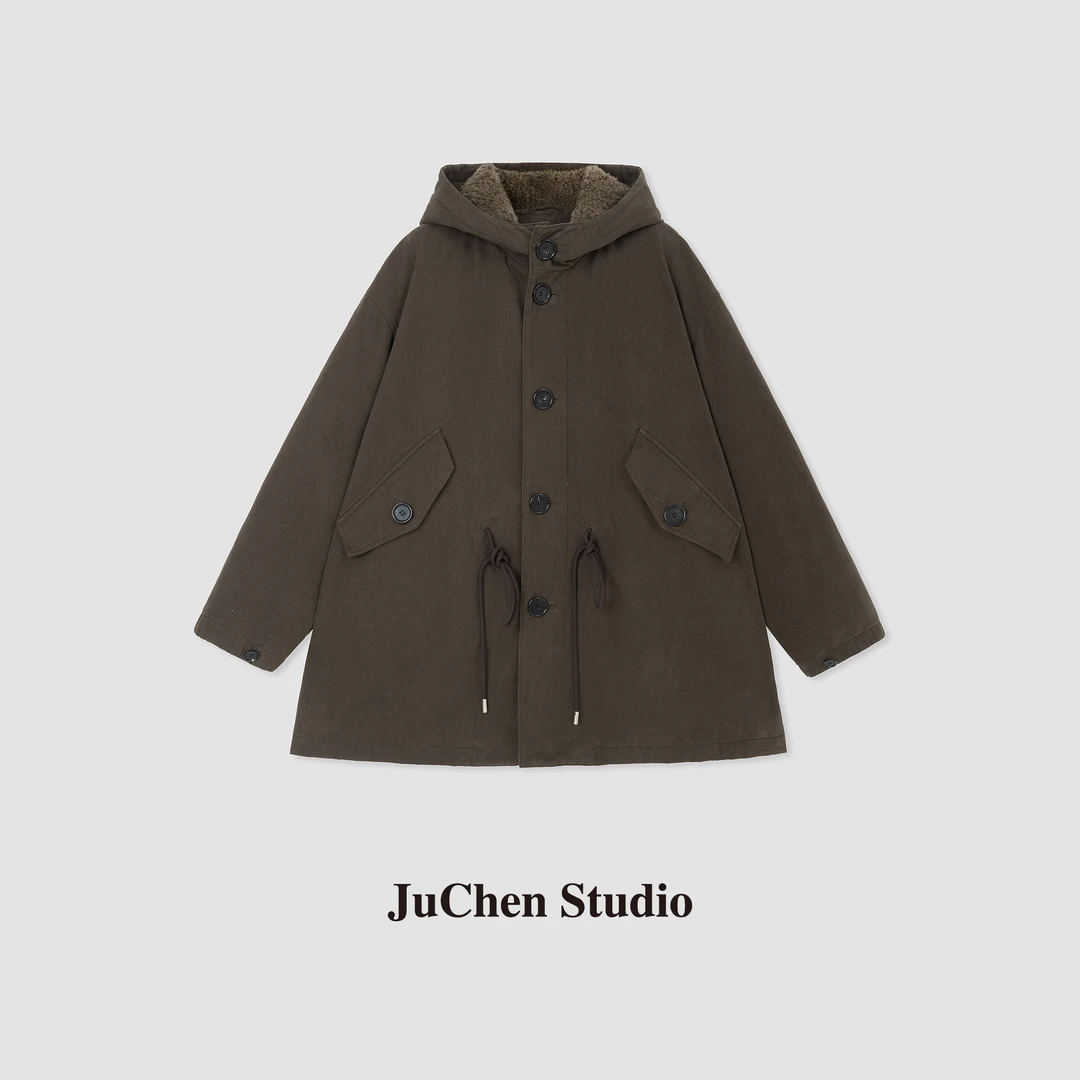 “胡桃匣子”户外抗寒工装连帽毛领抽绳中长款90鹅绒服FWEH335-22