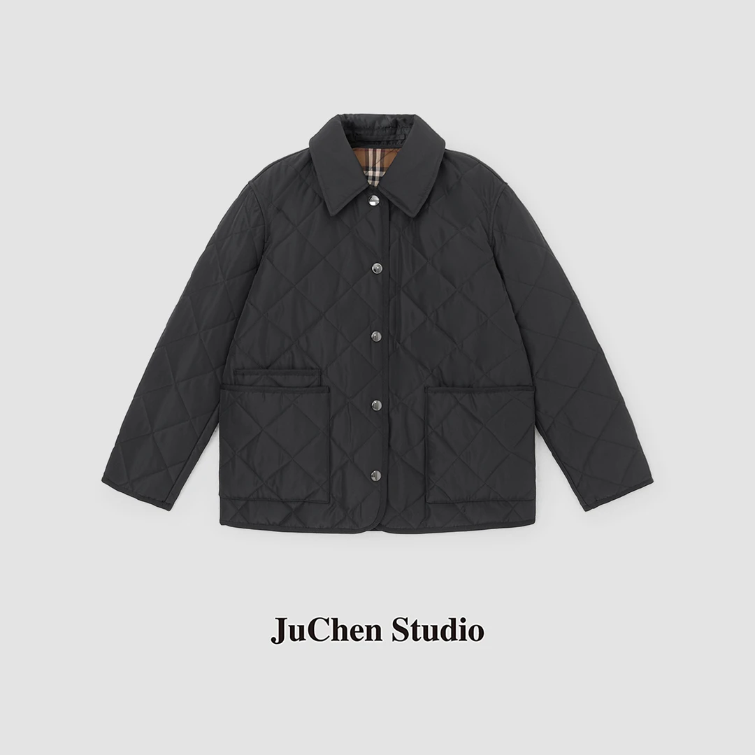 “威尔士格调” 秋冬复古绸缎黑高密菱格绗缝谷仓棉服FW2F-298-131