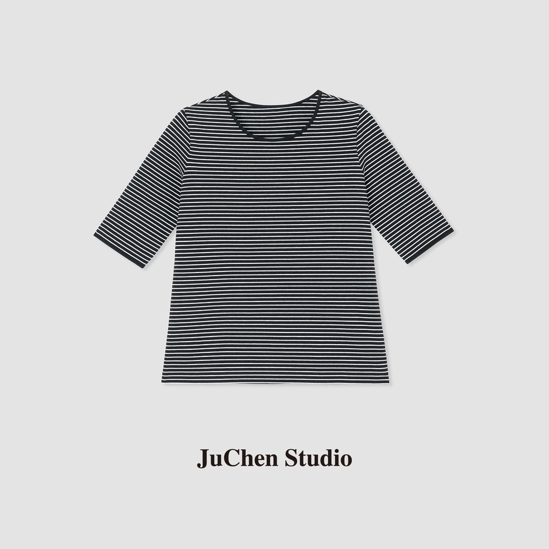 春季法式氛围极简细条纹棉感修身显瘦圆领五分袖中袖T恤 FW062747