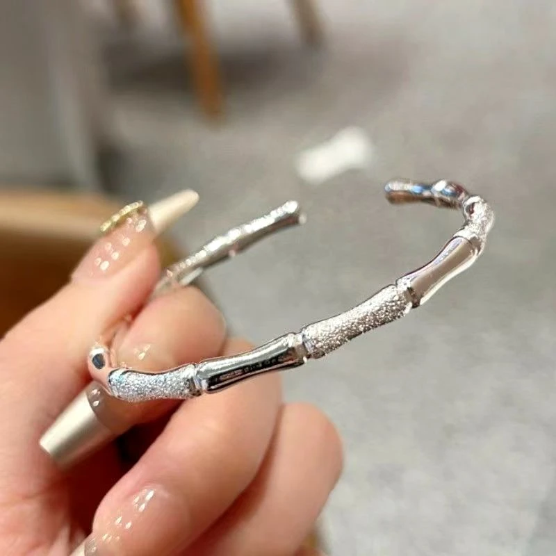 足银手镯 A835足银999.9开口闪砂竹节百搭高级感银手镯节节高升