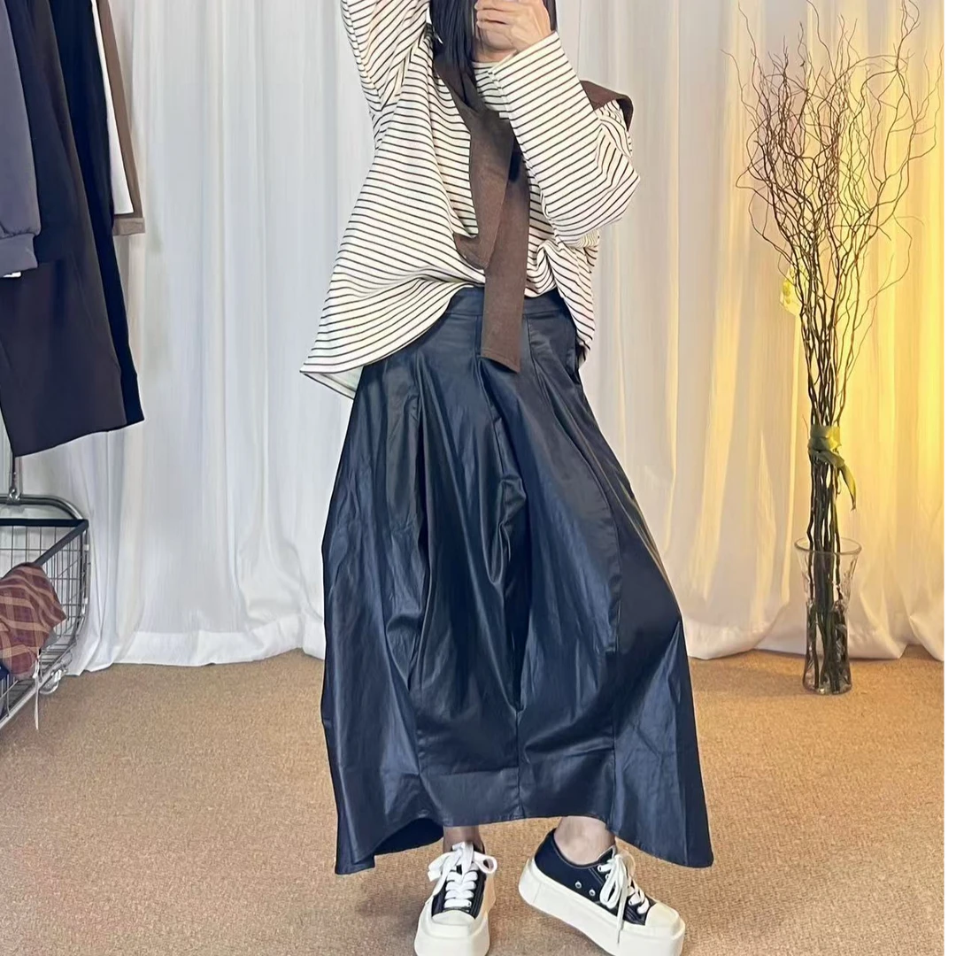 韩式复古风小众设计PU皮灯笼半身裙