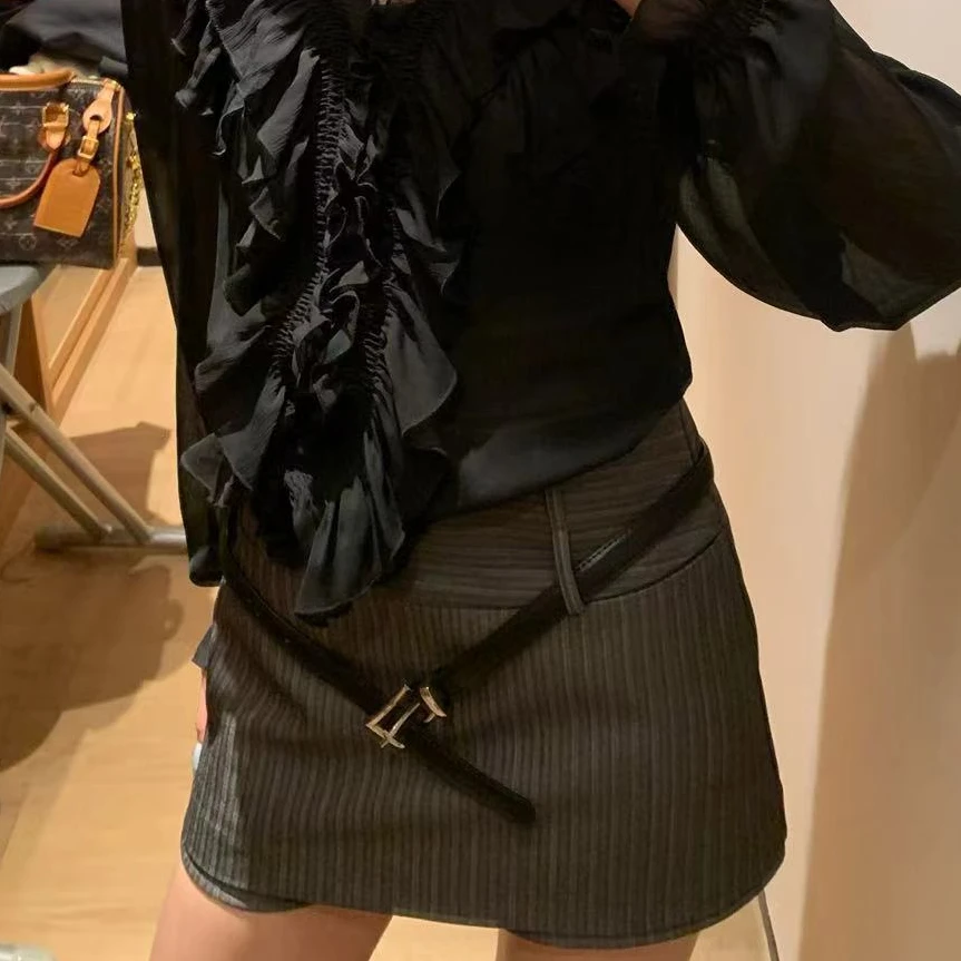 久久 早秋韩版高级腰带条纹短裤裙