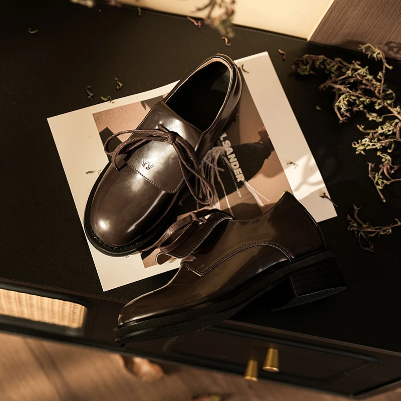 openyy秋新款圆头系带粗跟英伦风小皮鞋乐福真皮学院风单鞋女