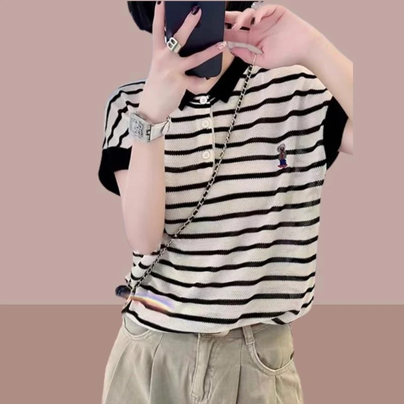 【Jane.D女装】网红法式复古小众短款女上衣2024夏季翻领短袖条纹