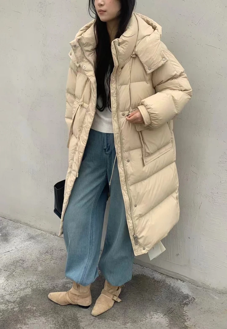 KEMI-复古大口袋可拆卸连帽羽绒服收腰显瘦251728（衣长100左右）