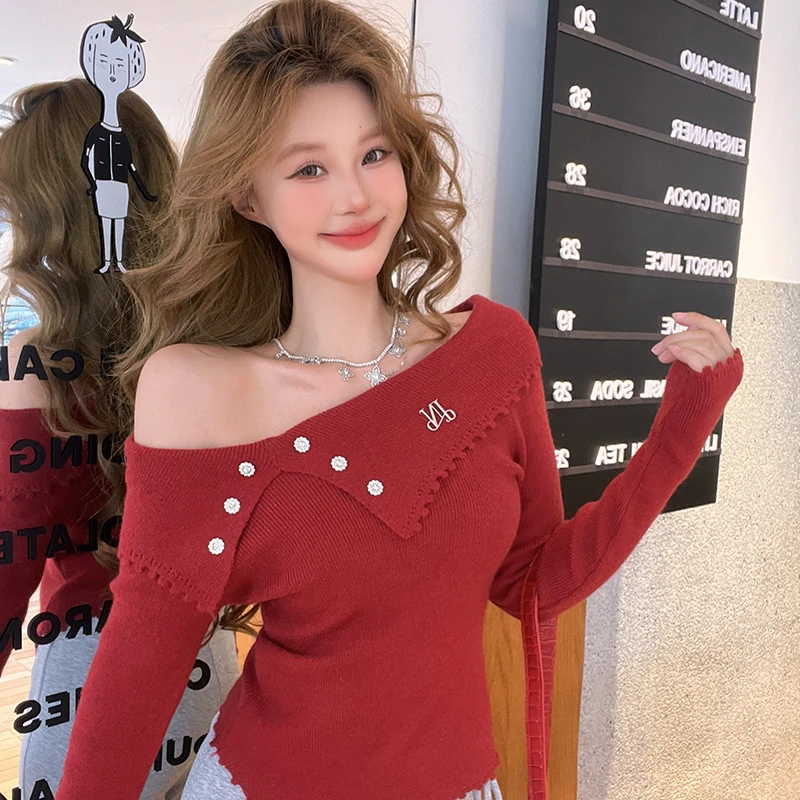 ICYNUDE官方店钻扣露肩不规则针织衫设计感修身显瘦上衣(不含配饰